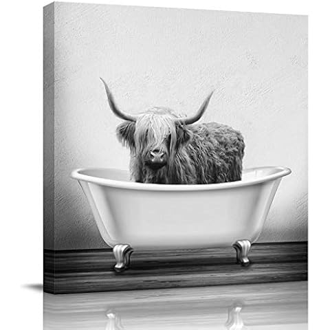 Chucoco Yak Highland Cow in The Bathtub Oil Paintings On Canvas Wall Art Grey Wildlife Art Abstract Print Artwork with Framed Ready to Hang, Living Room Kitchen Corridor Bedroom Office Decor Cover