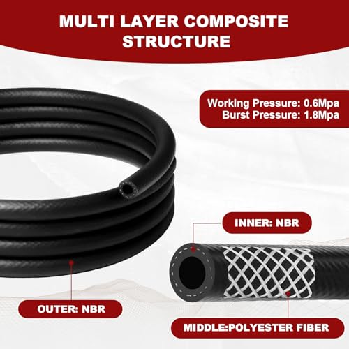 Image of Eunice 5FT 1 /4 inch ID Fuel Line Hose - 6Pcs Hose Clamps, 300PSI Rubber Hose for Motorcycle Mowers Tractors and Small Engines