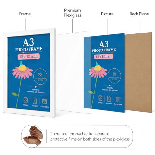 Image of Abhikalpya Art Studio 12x18 Inch A3 Size Photo Frame for Wall - Vertical & Horizontal Wooden Look Picture Frame for Home Decor, Poster, Certificate, Artwork, Gallery Wall Set of (1) (White)