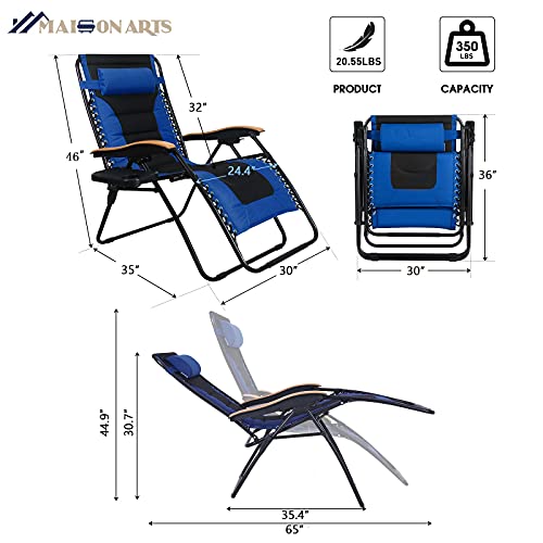 Maison Arts Oversize Xl Padded Zero Gravity Lawn Chair Anti Gravity Lounge Chair Adjustable Recliner W/Pillow & Cup Holder Outdoor Camp Chair For Poolside Backyard Beach, Support 350Lbs, Blue #TOP1