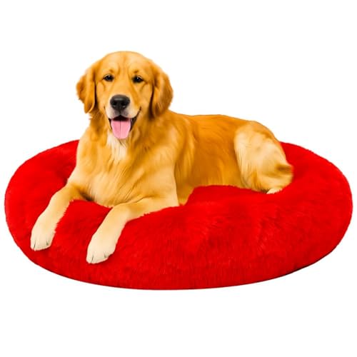 Image of Fabric Fluffy Washable Waterproof Dog Bed For Summer | Large Size Round Pet Bed For Golden Retriever, Labrador, Pug, Beagle | Anti-Skid, Soft & Cozy For All Breeds (Red, XXL)