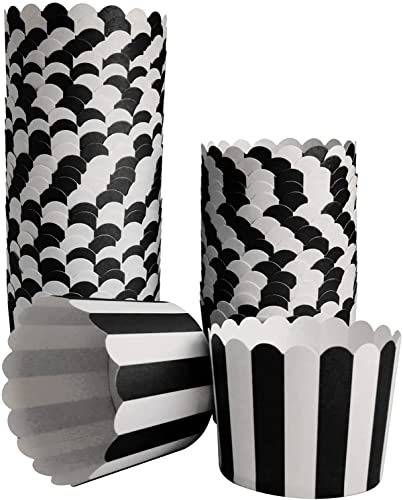 STARUBY 50 Stück Cupcake Backbecher Einweg Muffinförmchen Backpapier Cupcake Liners,Weiß und Schwarz Streifen Backförmchen Ideal für Geburtstage, Hochzeiten und Partys,Unterseite Durchmesser 6cm Cover