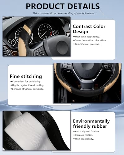 Image of Steering Wheel Cover for Car Leather Universal Steering Wheel Covers for Men Women Fit Cars SUV Truck Pickup 15inch (Beige)