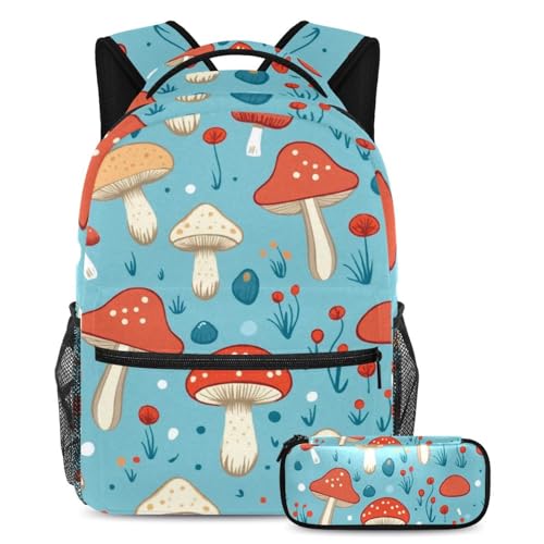 Sac à dos champignon bleu avec trousse pour adolescents