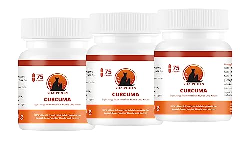 Vitalpfoten 3x75 Kapseln Curcuma für Hunde und Katzen Ergänzungsmittel mit Curcumin und Piperin, verträgliche Dosierung, Herstellung in Deutschland, höchste Reinheit und Qualität