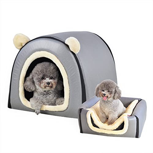 Image of Dog Bed or Cat Bed,2 Ways to Use,Indoor Pet House with Fluffy Mat,Removable and Washable Cover,Splash-Proof House and Non-Slip Bottom,for Cats and Small Dogs(M Grey Faux Leather)