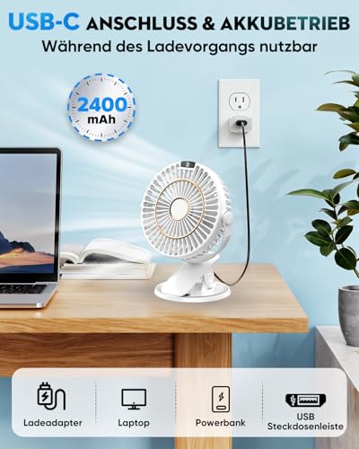 COZII Mini Ventilator, USB Ventilator Leise Clip Ventilator mit LED-Anzeige, 720° Drehung & 5 Geschwindigkeiten, 16cm Tragbarer Ventilator für Zuhause, Büro, Kinderwagen, Outdoor (Weiß) 6