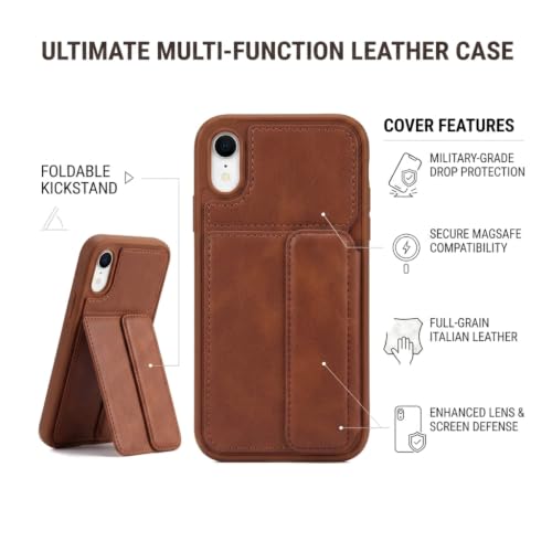 Image of amazon basics Luxury Vegan Leather Back Cover for iPhone XR | Built-in Card Holder Slot | Integrated Mobile Stand | Slim Shockproof Protective Case with Stitched Finish - Brown