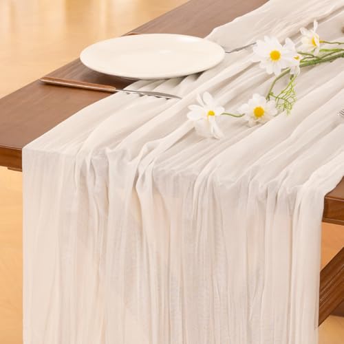 Socomi Ivory White Cheesecloth Table Runner 120"