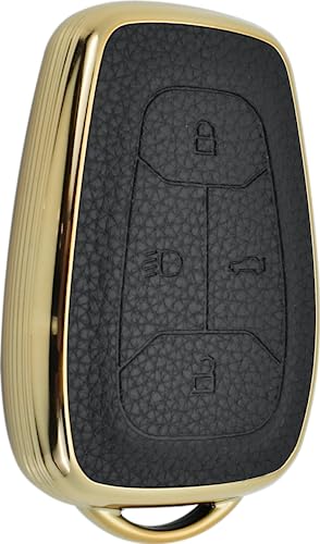 Image of JVCV Premium Soft Gold Border TPU Leather Pattern Key Cover Compatible with Tata Nexon, Harrier, Tiago EV, Altroz, Tigor, Safari, Nexon EV, Punch, Punch EV 4 Button Smart Key (Black)