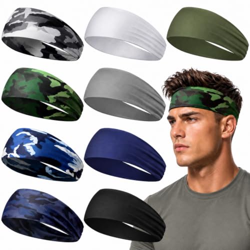 Image of 9 pcs Sweatbands for Men Workout Sport Headbands for Men Camo Headband Sweat Absorbing Headband Wide Sweatband for Head Basketball Football Cycling Running Yoga, 4.7 x 9.8 Inch