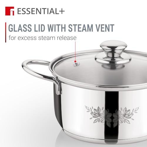 Image of Essential Plus by Bergner 4 Pcs Stainless Steel Cooking Pots Set - 16cm /1.6L Casserole with Glass Lid and 18cm /2.3L Casserole with Glass Lid, Less Oil Use, Healthy Cooking - Induction Bottom