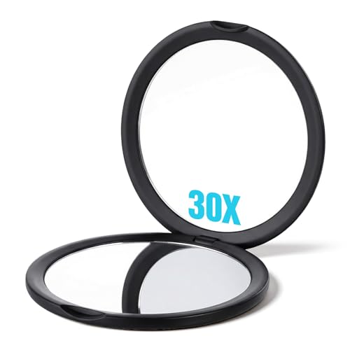 APLZGMG Miroir de poche grossissant 30x, double face, petit miroir de maquillage, miroir de poche pliable pour les déplacements (noir)