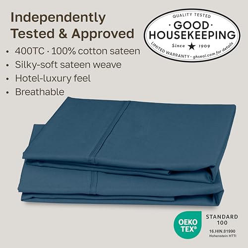 Image of California Design Den King Size Pillowcase Set - 400 Thread Count, 100% Cotton Sateen, Set of 2 Pillow Covers, Soft and Breathable - Peacock Blue