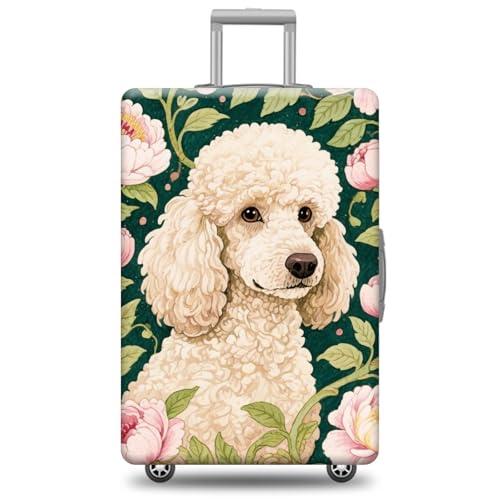 Cute Dog Suitcase Cover Luggage Protector Poodle Travel Suitcase Green Leaf and Floral Design Elastic Washable Fit 18-21 Inch Luggage Style 3