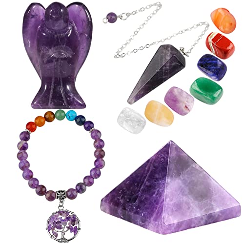 Mookaitedecor Amethyst Healing Crystals Set, 7 Chakra Bracelet, Palm Stones, Pendulum, Pocket Guardian Angel, Pyramid Meditation Kits For Reiki,Balancing #TOP4