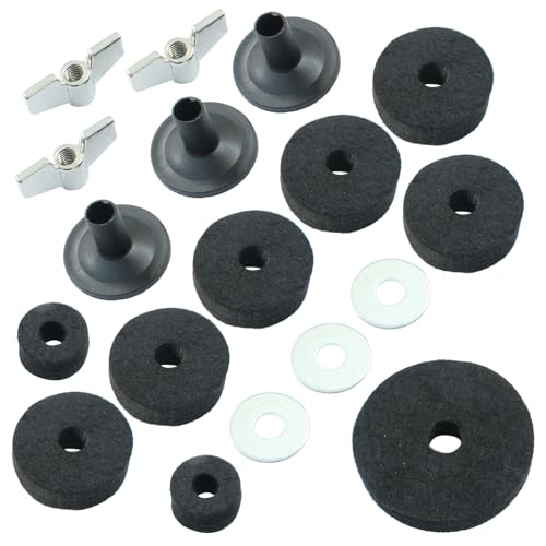 Piutouyar 18 Pcs Black Cymbal Replacement Accessories Set, Cymbal Stand Felts Hi-Hat Cup Felt Hi-Hat Clutch Felt with Cymbal Sleeves with Base, Wing Nuts, Cymbal Washer