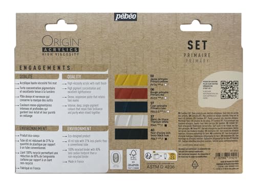 Image of Pebeo Origin Acrylics Primary Set 5 x 60 ml Eco-Designed Acrylic Paint Matt Finish 100% Recycled Binding Material 96% European Raw Materials Yellow, Red, Cyan, White, Black