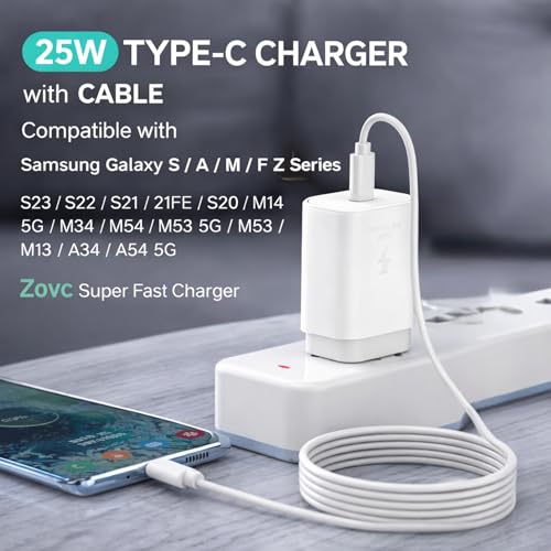 Image of 25W Type-C Charger with Cable Compatible with Samsung Galaxy S /A /M /F /Z Series Zovc Super Fast Charger for S23 /S22 /S21 /21 fe /S20 /M14 5G /M34 /M54 /M53 5g /M33 /M13 /A34 /A54 5G(BIS Certified)