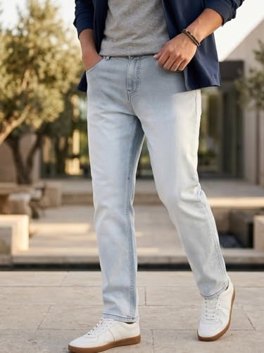 Image of Urbano Fashion Men's Straight Fit Heavy Washed Faded Denim Jeans Stretchable