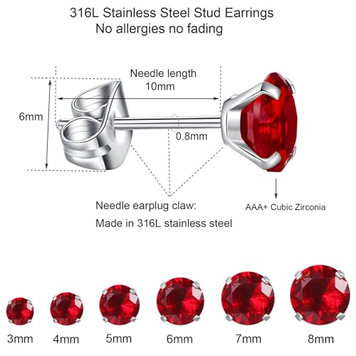 6 Pairs Stud Earrings Set, Hypoallergenic Cubic Zirconia Earrings 316L Stainless Steel CZ Earrings 3-8mm4