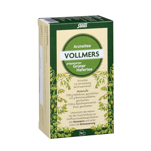 Vollmers präparierter Grüner Hafertee, 1 x 15 Filterbeutel (18 g), traditionelles pflanzliches Arzneimittel, unterstützt die Nieren bei der Ausscheidung von Stoffwechselabbauprodukten