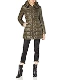 Kenneth Cole New York Women's 3/4 Zip Front Lightweight Puffer with Hood, Olive, Small
