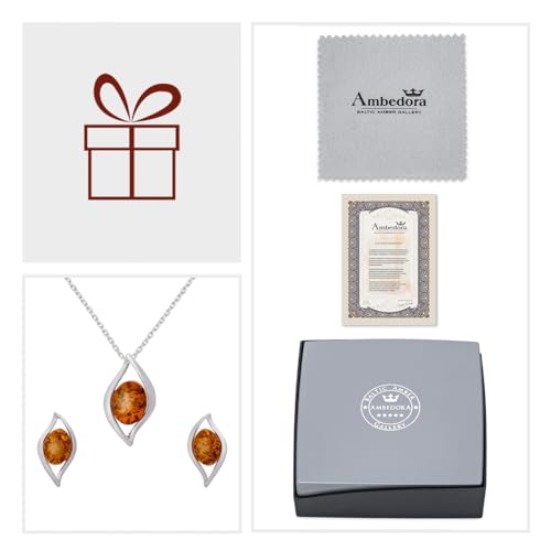 Miniatura 7 de Ambedora Juego De Joyas Para Mujer Llamas De Ámbar, Plata De Ley Pulida, Ámbar Báltico En Color Coñac, Colgante De Plata En Cadena Y Pendientes