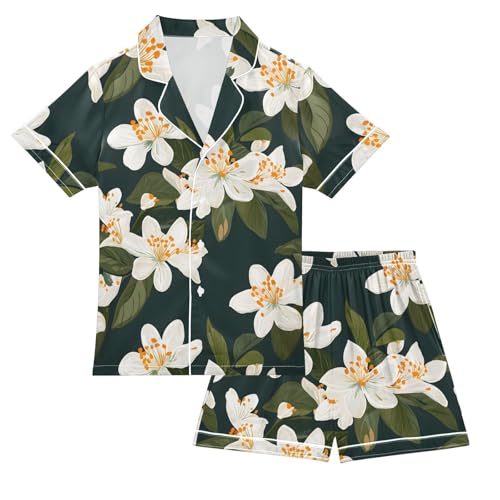 White Jasmine Flower Pajamas Set Summer Button Down Sleepwear Pjs Sets Comfy Loungewear