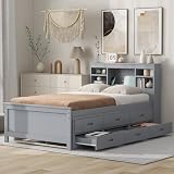 Twin Size Bed with Trundle and Drawers, Twin Storage Bed with Bookcase Headboard, USB Ports Outlets, Wood Twin Bed Frames for Kids Teens Adults - Gray