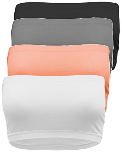 OLLIE ARNES 4 Pieces or Single Strapless Bandeau Bra, Seamless Bralette Tops for Women, Bandeau Top for Junior and Plus Size BLK_DKGREY_COR_WHT One Size