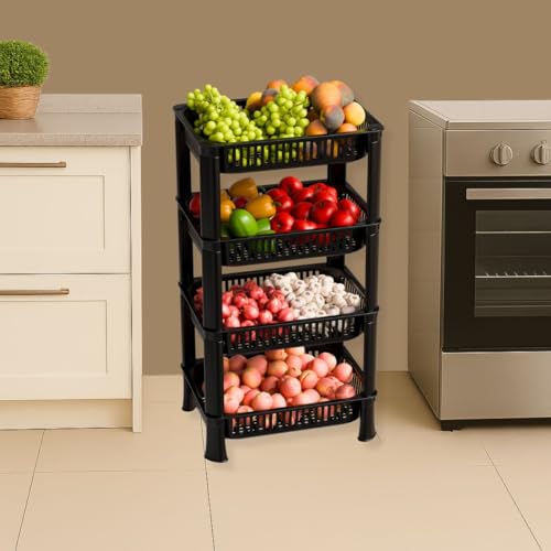 Image of Plastic Kitchen Rack, Multipurpose Vegetable & Fruit Storage Basket Organizer for Home, Pantry & Kitchen - Strong & Easy to Assemble (4 Layer, Black)