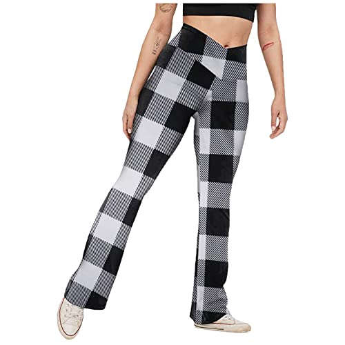 Generisch Pantalones de yoga para mujer con corte de bota a cuadros de cintura alta para, Negro , S