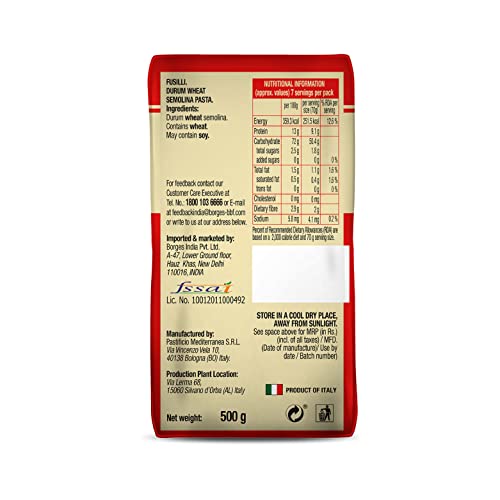 Image of Borges Fusilli Pasta - 500 gm| 100% Durum Wheat | Imported from Italy | High in Protein |No Preservative