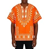 Camisa de algodón africana dashiki unisex tribal festival boho hippie caftán camisa clásica estilo tribal camisa informal de verano estilo africano adecuado para fiestas y uso diario, O Orange, L