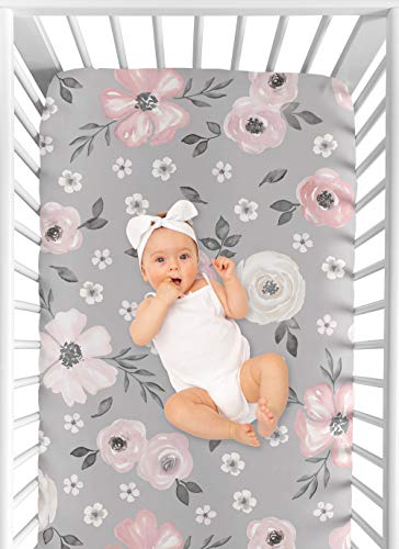 Sweet Jojo Designs Grey Watercolor Floral Girl Fitted Crib Sheet Baby Or Toddler Bed Nursery - Blush Pink Gray And White Shabby Chic Rose Flower Farmhouse #TOP3