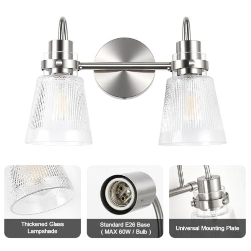 Image of 2-Light Brushed Nickel Bathroom Light Fixtures 13.8 Inch Vanity Lights for Bathroom Lighting Fixtures Over Mirror with Clear Striped Glass Shade for Bedroom Hallway Cabinet Porch