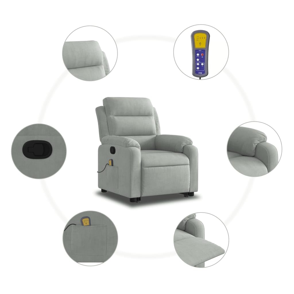 Sillón elevador reclinable gris claro de terciopelo con masaje y elevación eléctrica, función de vibración de 6 puntos, reclinación manual de 135 grados, estructura estable