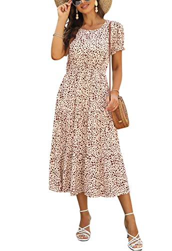 Navins Women Floral Print Puff Sleeve Tiered A-Line Swing Midi Dress With Pockets Na1002 (M,Beige Leopard) #TOP25