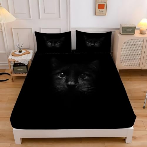 ボックスシーツ ダブル 黒猫 ベッドシーツ 140x200x30cm 抗菌防臭マットレスカバー 黒 洗えるベッドカバー ポップなスタイル 着脱簡単布団シーツ 敷き布団カバー柔らかい通気性マイクロファイバー 寝具セット、2 枕カバー43x63 cm