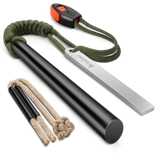 Ferro Rod Fire Starter Kit – 5″ Flint and Steel with Two Waxed Tinder Cord & Paracord for Camping, Hiking, Outdoor Survival, Emergency Preparedness