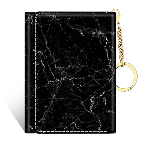 Image of Rouidr Womens Wallet, Small Slim RFID Card Wallets for Women, Cute Front Pocket Trifold Leather Card Organizer with 7 Slots & ID Window, Black Marble