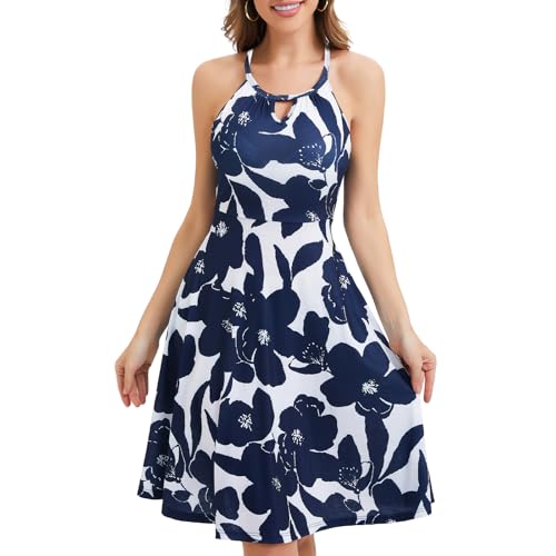 Image of JOYSHAPER Built in Bra Summer Dress Casual Beach Sundress Flowy Halter Dress with Pockets