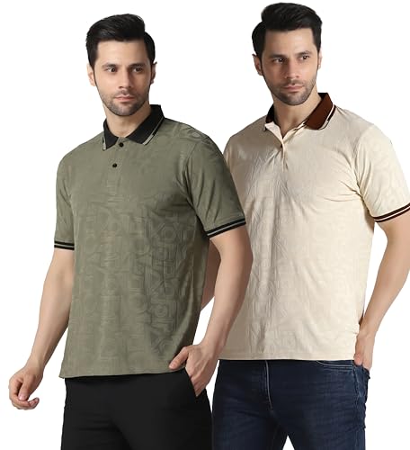 Image of TOPLOT Men's Premium Jacquard Polo T-Shirt | Geometric Textured Design | Contrast Collar & Cuffs | Soft Breathable | Perfect for Office & Casual Wear | Available in Pack of 2 (5281)