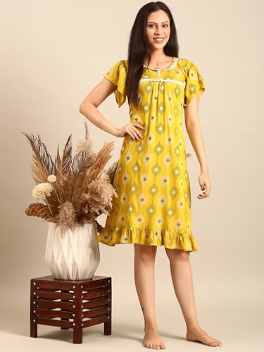 Image of Rupa Jon Aishwarya Women Short Printed Nighty in Premium Cotton Blend Fabric, Midi Length, Night Dress, Three-Fourth Length for Comfortable Everyday Wear