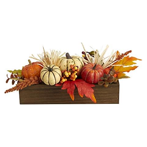 NearlyNatural Mini 16in. Harvest Pumpkin and Berries Artificial Arrangement in Wood Vase, Orange Cover