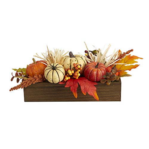 Nearly Natural 16in. Harvest Pumpkin and Berries Artificial Arrangement in Wood Vase