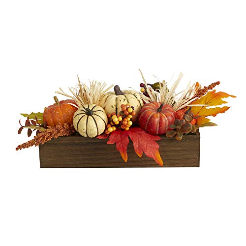 Nearly Natural Mini 16in. Harvest Pumpkin and Berries Artificial Arrangement in Wood Vase, Orange