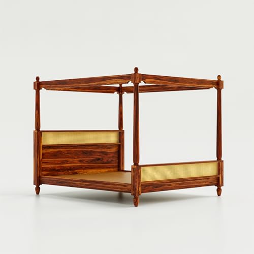 Image of Sheesham Wood Poster Bed King Size | Solid Wood Poster Bed Cot Wooden Double Bed Furniture for Bedroom Home and Hotel | Wooden Palang Divan (Natural Finish)