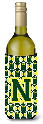 Caroline's Treasures CJ1075-NLITERK Letter N Football Green and Yellow Wine Bottle Hugger Bottle Cooler Sleeve Hugger Machine Washable Collapsible Insulator Beverage Insulated Holder